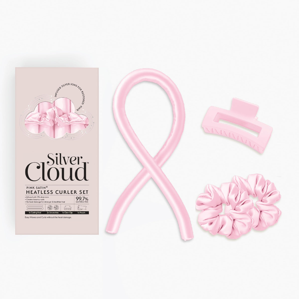 SILVER CLOUD Silver Cloud Satin Heatless Curler Set Infused with Silver Ions – Effortless Curls, No Heat Required (Pink, Medium)
