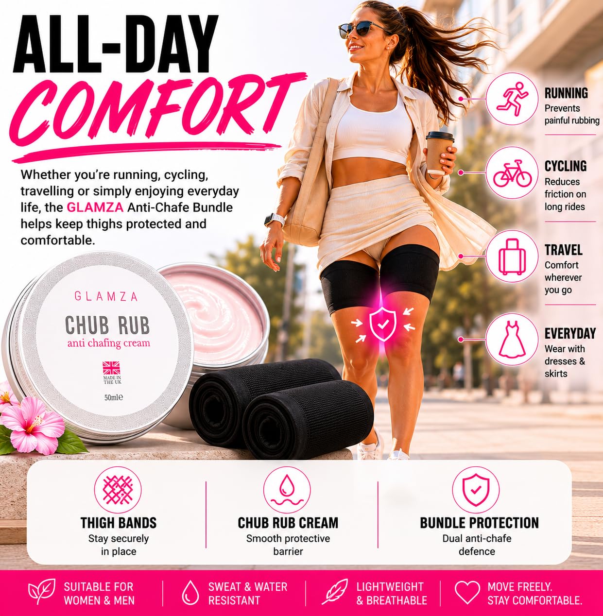 Glamza Chamois Cream GLAMZA ‘Chub Rub’ Anti Chafing Cream & Pair of Thigh Bands for Men & Women - Prevents Chaffing for Cyclists, Runners and More 50ml (Size E (62-70cm))