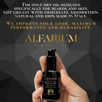 Alfarium Men's Scented Beard Oil with 8 Natural Oils and Vitamin A/C/E for Beard and Face Care - Dry Beard Oil, Non-Greasy, for Soft Beard, Silky Effect + Anti-Wrinkle - Men's Gift, Made in Italy