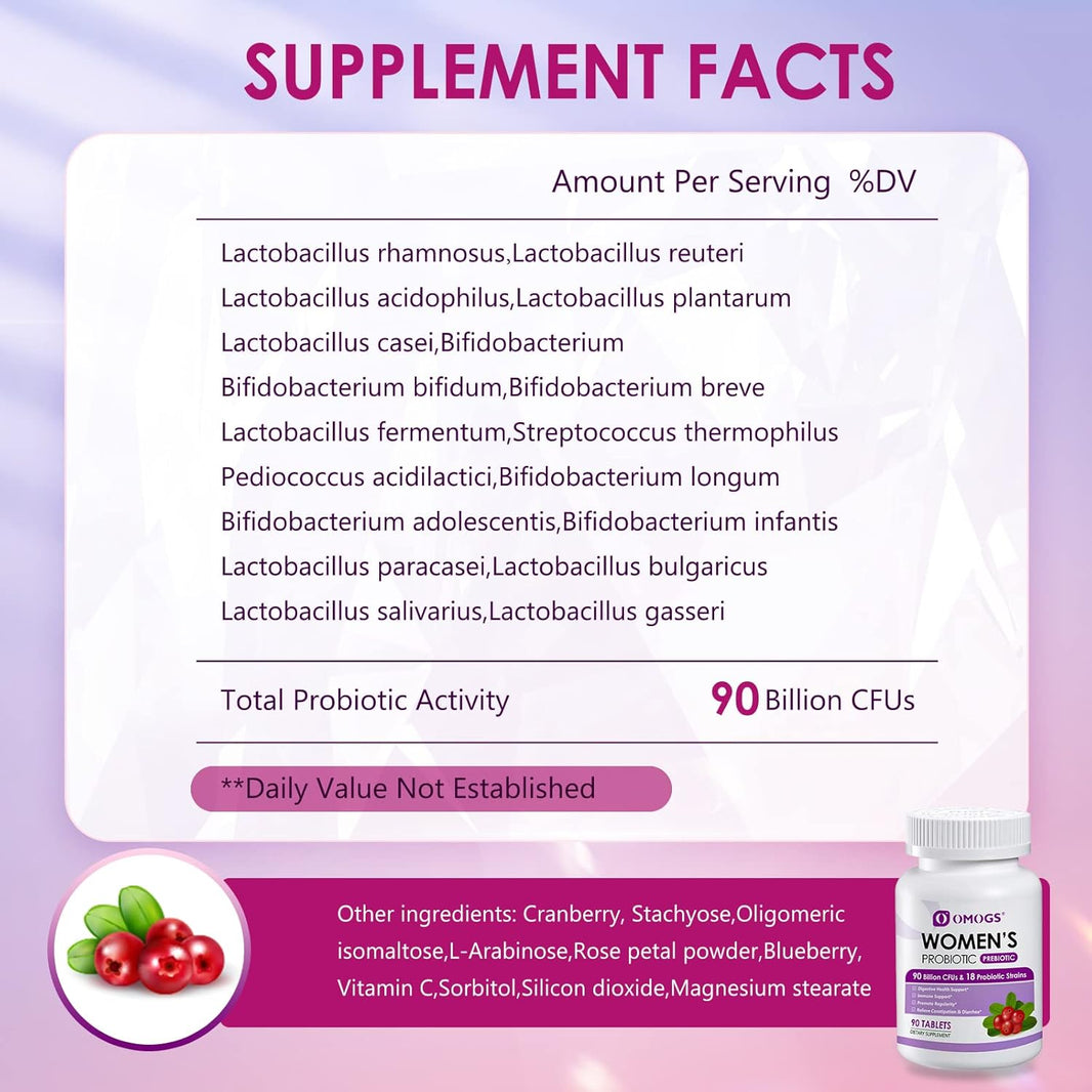 Women's Probiotic,with Cranberry Extract, Organic Prebiotics &amp; Vitamin C, 90 Billion CFUs,90 Tablets