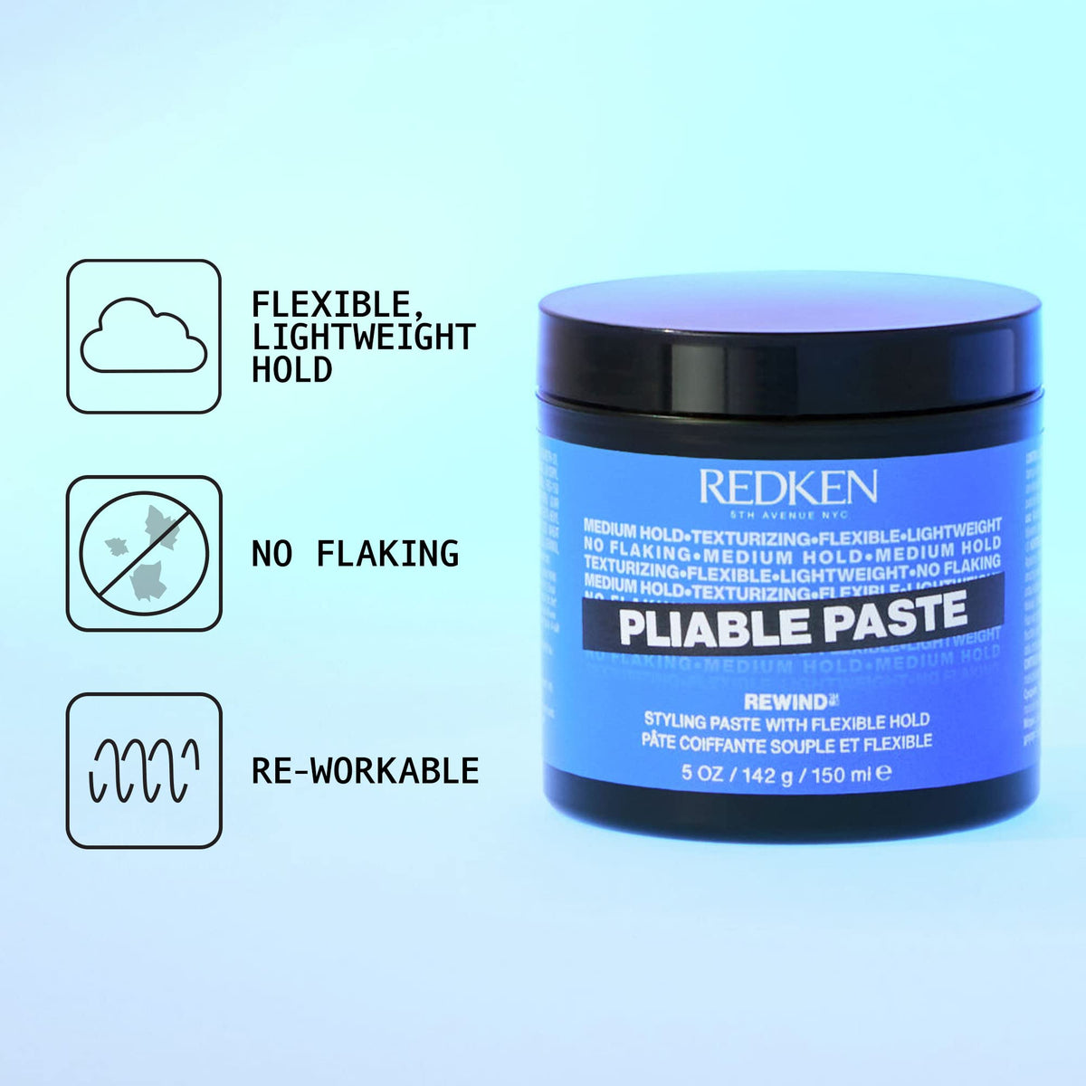 REDKEN Pliable Paste, Texturising Hair Paste for Flexible, All-Day Re-Workability, Medium Hold, 150 ml