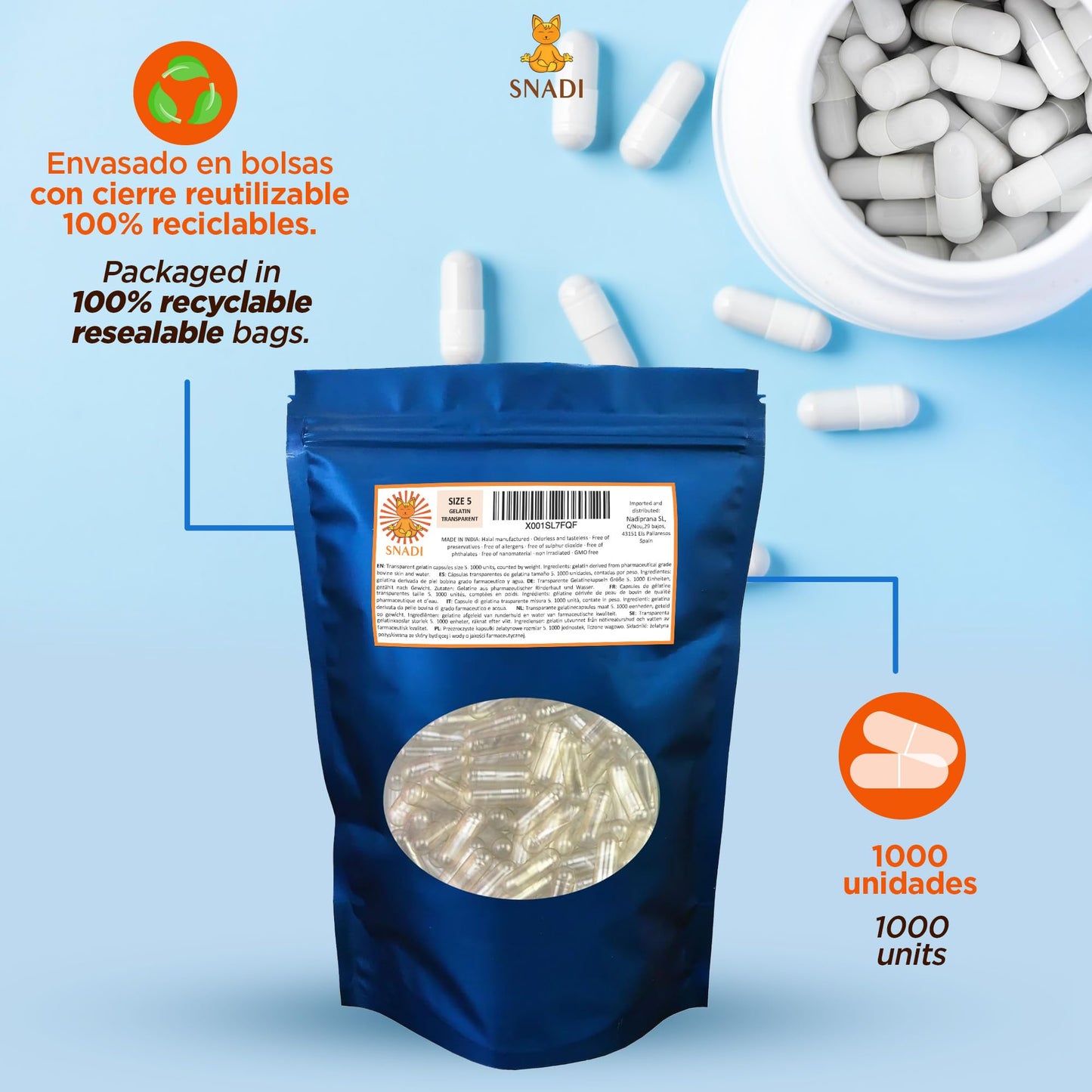Snadi - Empty Gelatin Capsules Size 5 | 1000 Pieces | Pharmaceutical Grade Quality | Perfect for Vitamin and Supplement Fillings | 100% Recyclable Packaging, Gelatin Capsules.