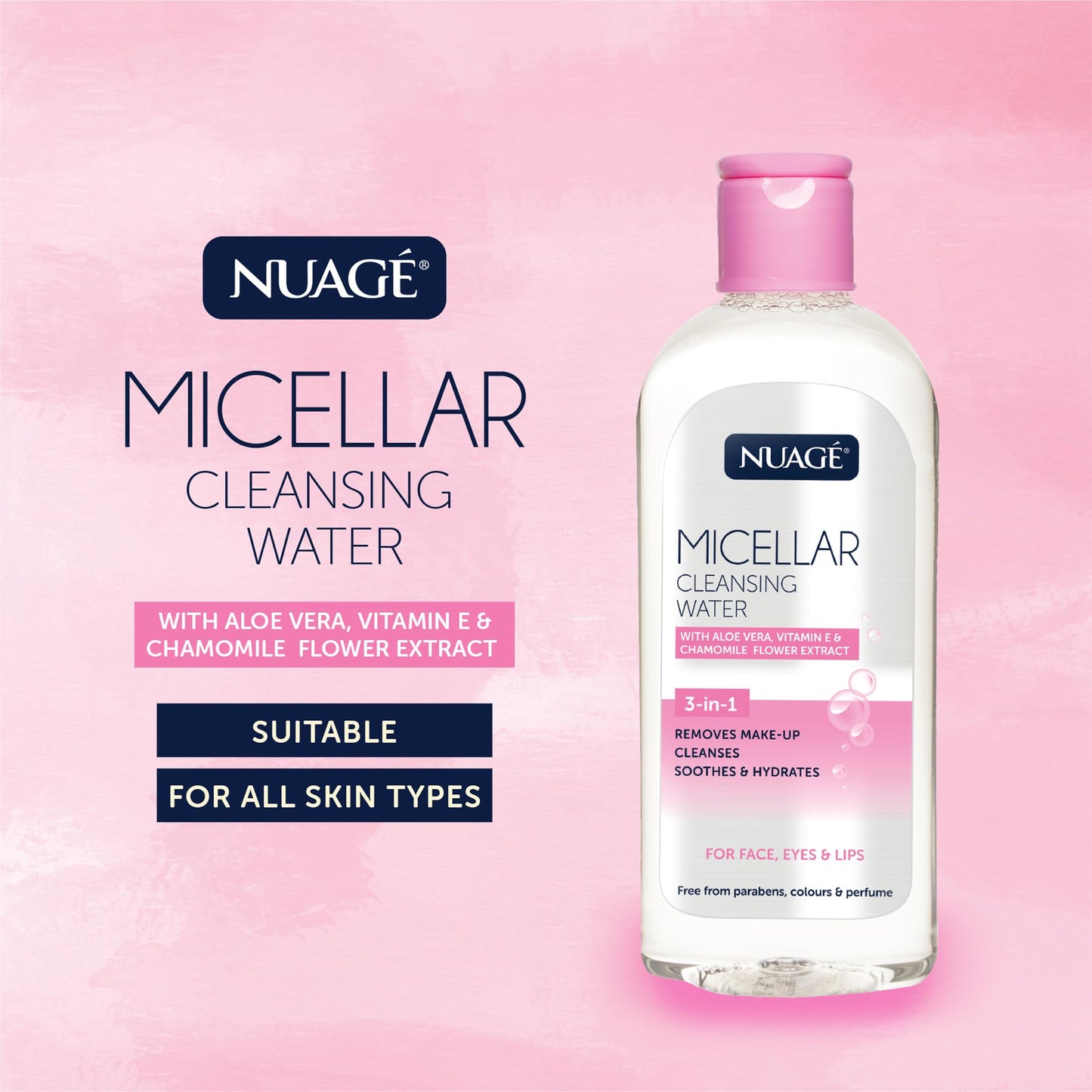 NUAGÉ Nuage Micellar Cleansing Water with Aloe Vera, Vitamin E & Chamomile Flower Extract | 3-in-1 - Gently Removes Makeup, Cleanses, Soothes & Hydrates Skin | Suitable for Face, Eyes and Lips (200ml)