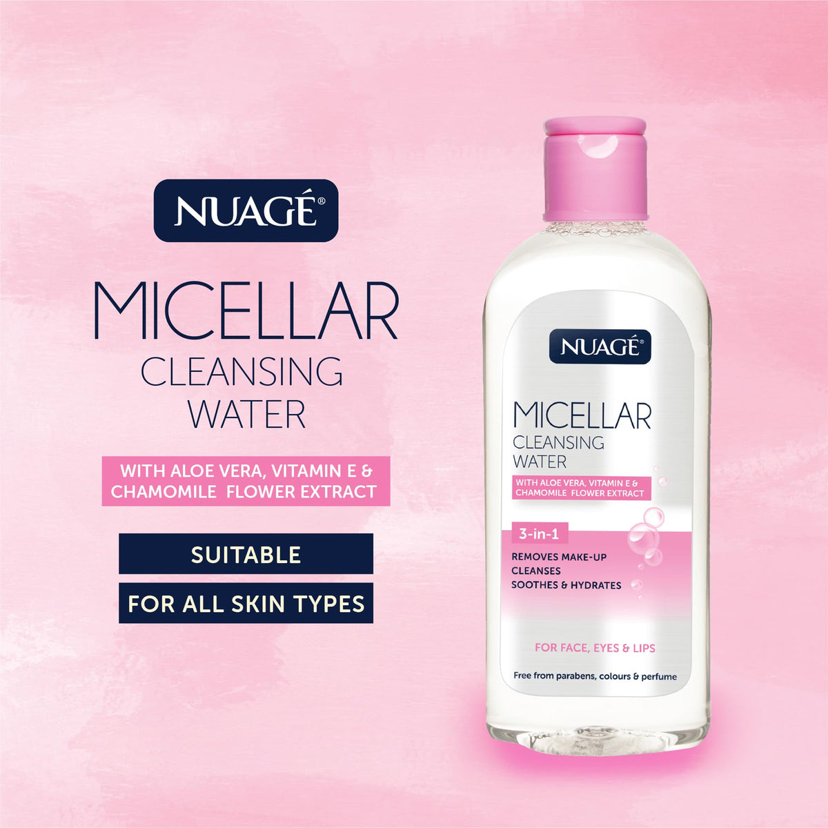 NUAGÉ Nuage Micellar Cleansing Water with Aloe Vera, Vitamin E & Chamomile Flower Extract | 3-in-1 - Gently Removes Makeup, Cleanses, Soothes & Hydrates Skin | Suitable for Face, Eyes and Lips (200ml)