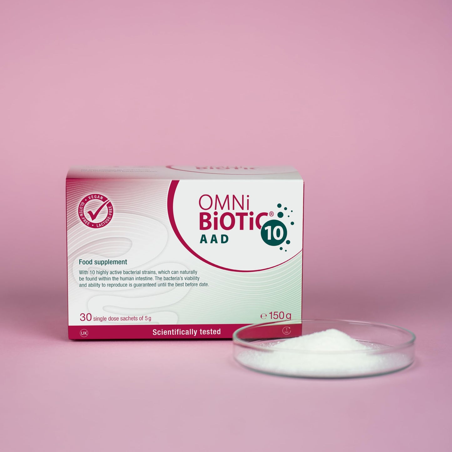 OMNi BiOTiC 10 AAD | Probiotic for Antibiotics | Use During and After Any Course of Antibiotics | 30 Sachets (150 g) | Powder | with Inulin | Vegan | Gluten-Free | Lactose-Free