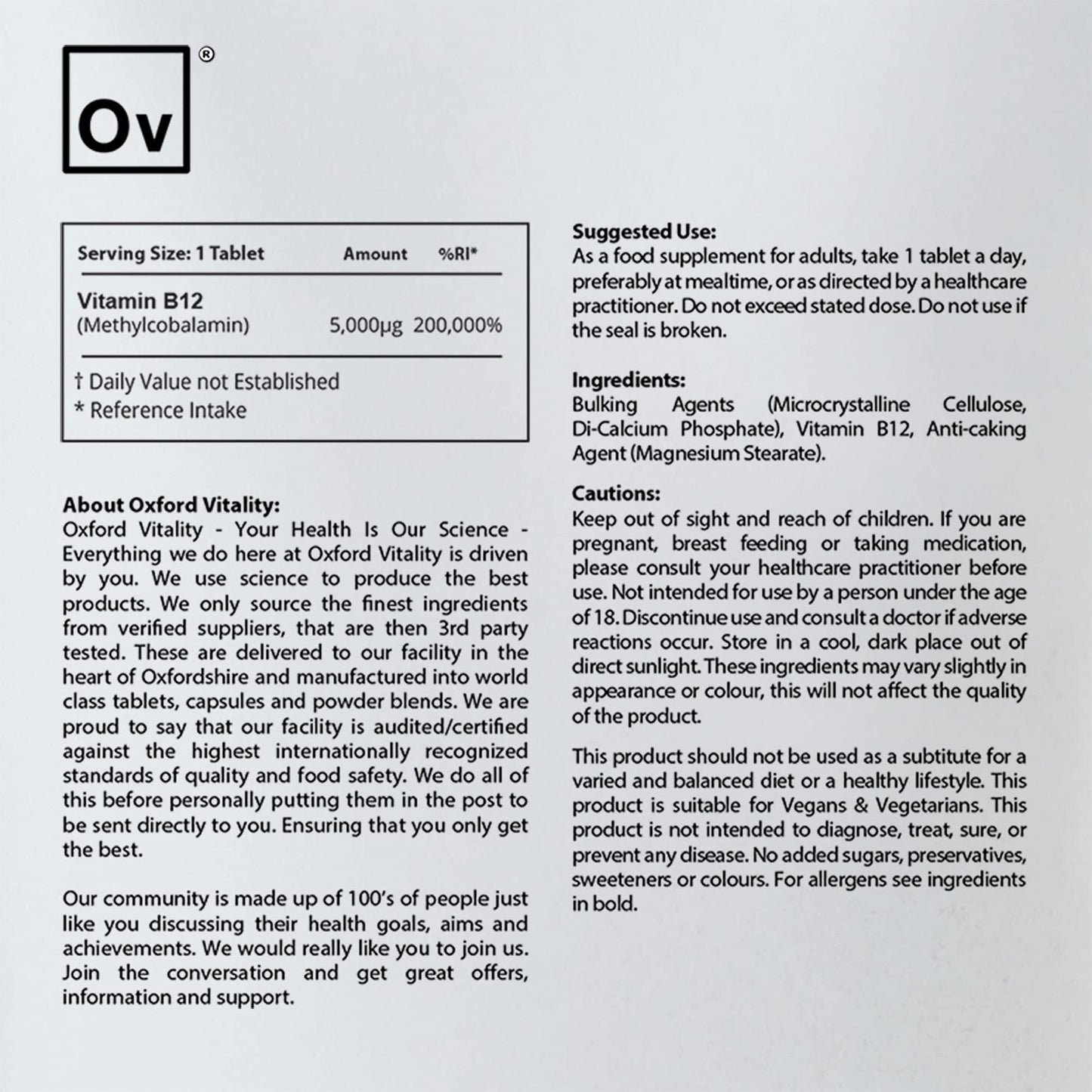 Ov OXFORD VITALITY 5000 mg Vitamin B12 Tablets, 500-Count