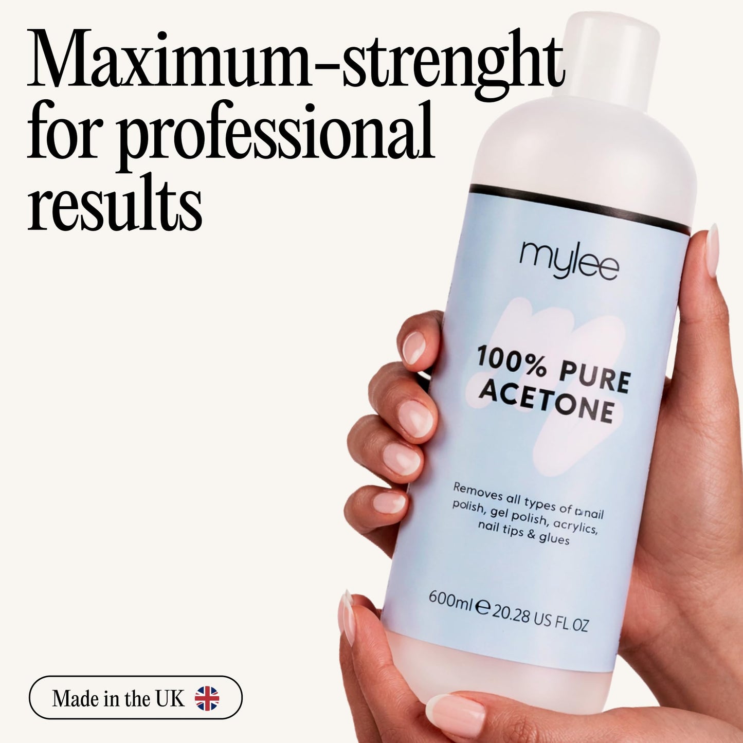 MYLEE Mylee 100% Pure Acetone (600ml) - Gel Nail Polish Remover – Maximum Strength Professional Soak-Off for UV/LED, Acrylics, Nail Tips & Glue - Made in the UK