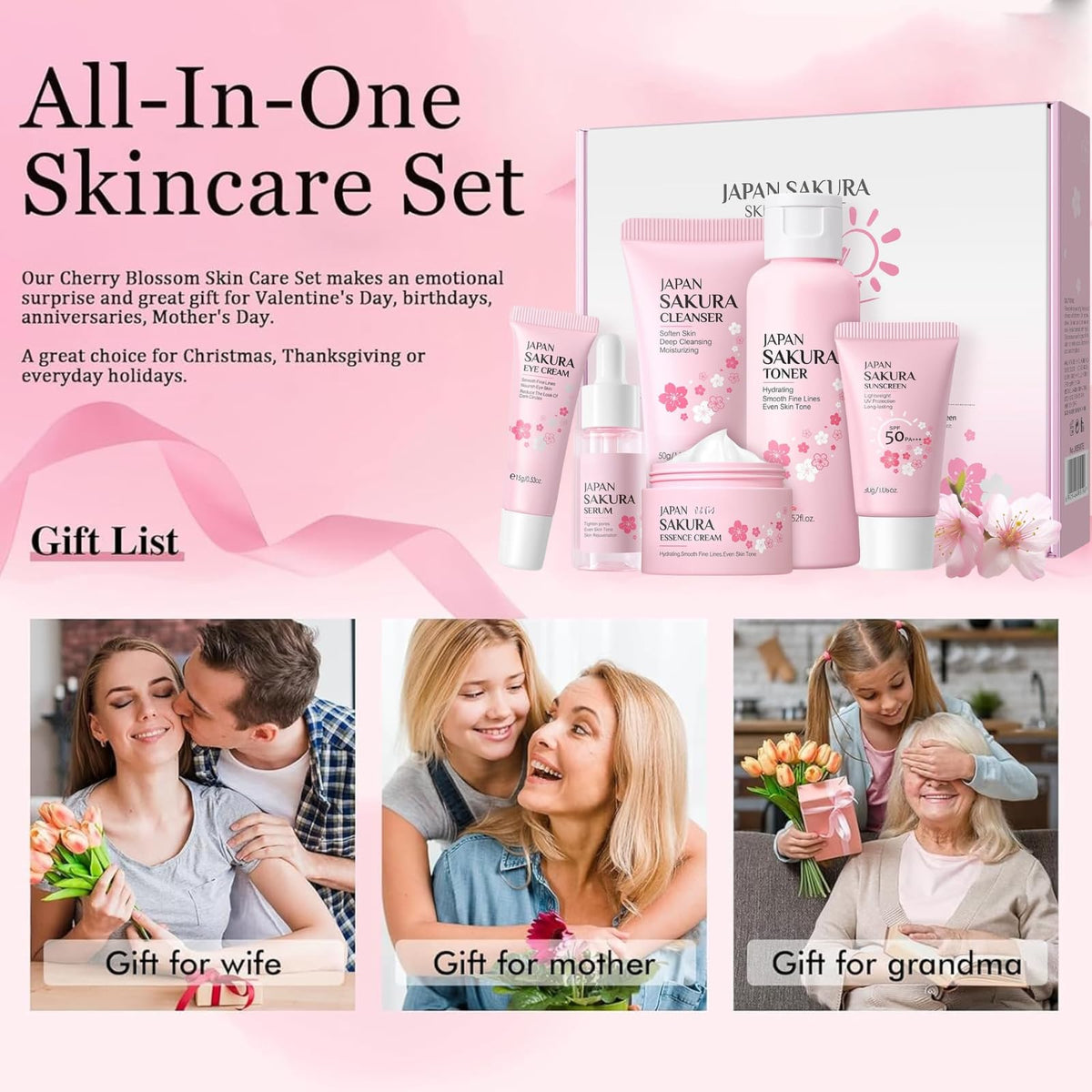SALROAL Skin Care Sets & Kits,Skin Care For Women,Cherry Blossom Skincare Sets,Pamper Sets For Women Gifts,Facial Kit with Cleanser,Toner,Serum,Eye,Essence Serum,sunscreen