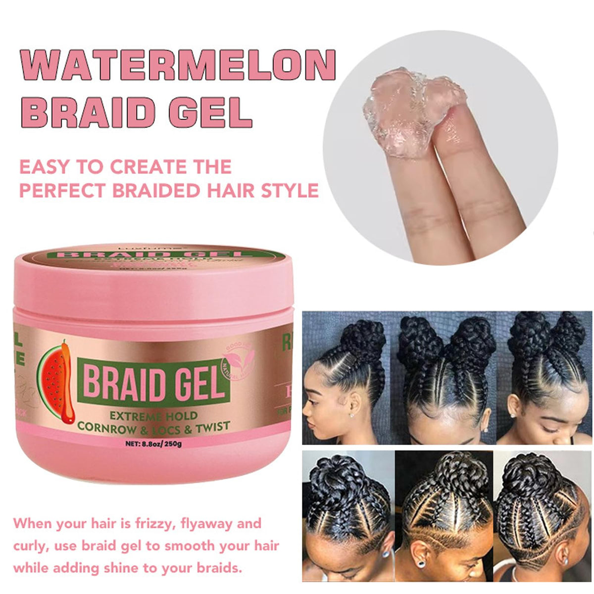Fashion Base Braiding Gel Extra Hold 8.8 oz -Great For Braid Gel,Twist, Locs & Smooth Edges - Contains Rosemary Hair Growth Oil for Frizz Control, High Shine, Edge Control