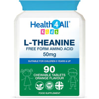 Health4All Kids L-Theanine 50mg 90 Chewable Tablets 3 Months Supply, Supports Focus, Attention & Concentration in Children, Orange Flavour Sugar-Free L-Theanine Supplement | Made in UK (not Gummies)