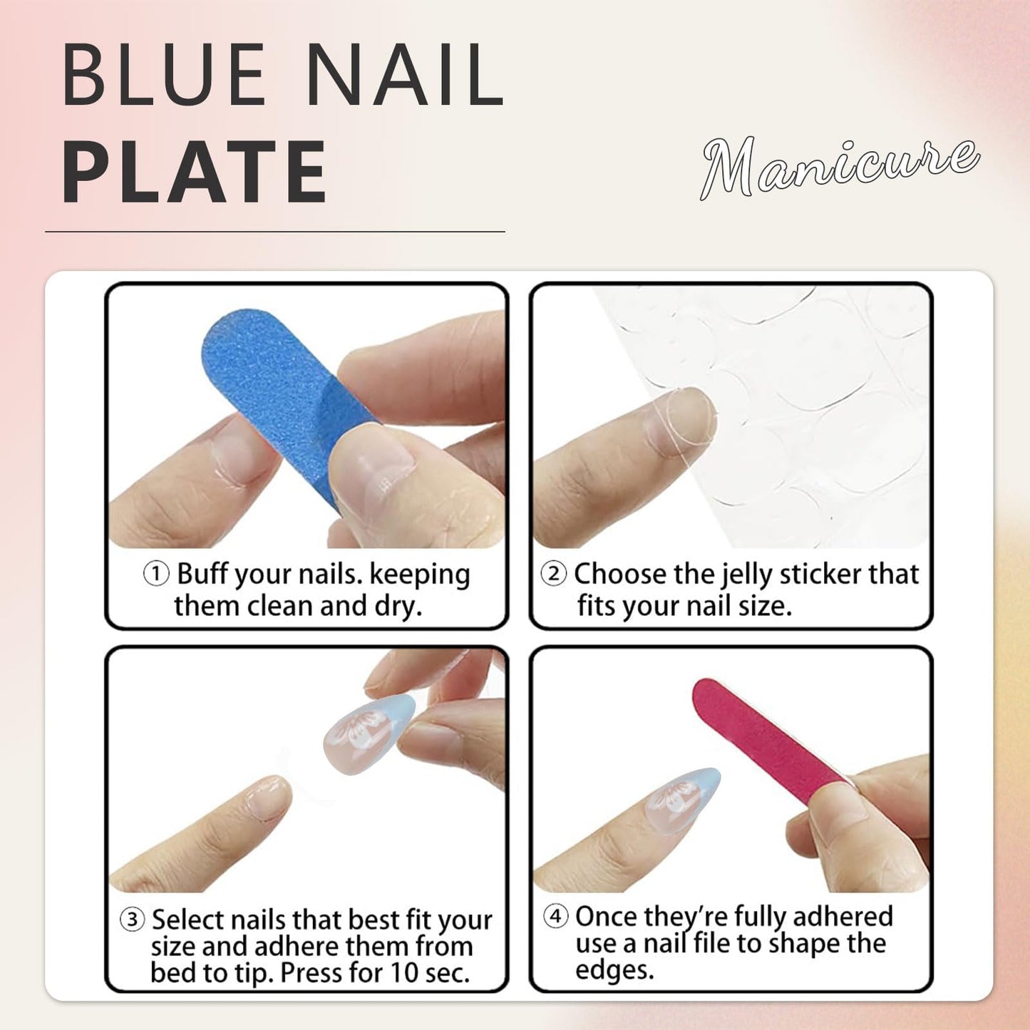 Cosmeria 24 Pieces Press on Nails, Blue French Tips, Medium Length Almond Shape Fake Nails with White Floral Design, Glossy Stick on Nails