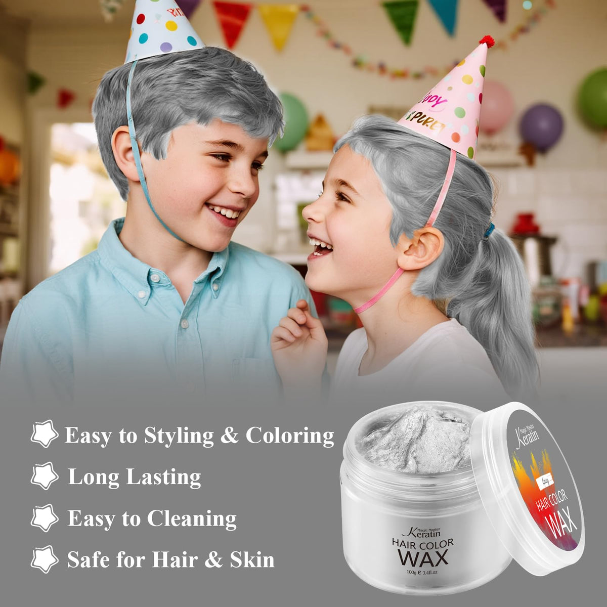 Hair Color Wax, Magic Master Keratin Temporary Hair Dye Wax Mud Hairstyle Cream Washable Instant Coloring Clay for Men and Women Party, Festival, Cosplay & Halloween(Grey)