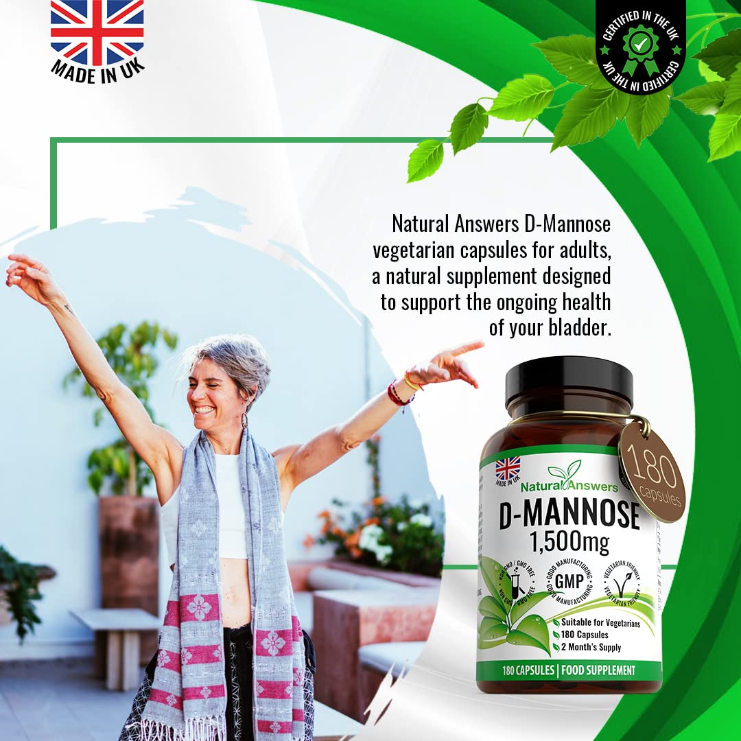 Natural Answers D-Mannose 180 Capsules - Max Strength 1500mg per Serving - Precision DMannose - Vegetarian Capsules not Tablets or Pills, Made in The UK (180 Count (Pack of 1))