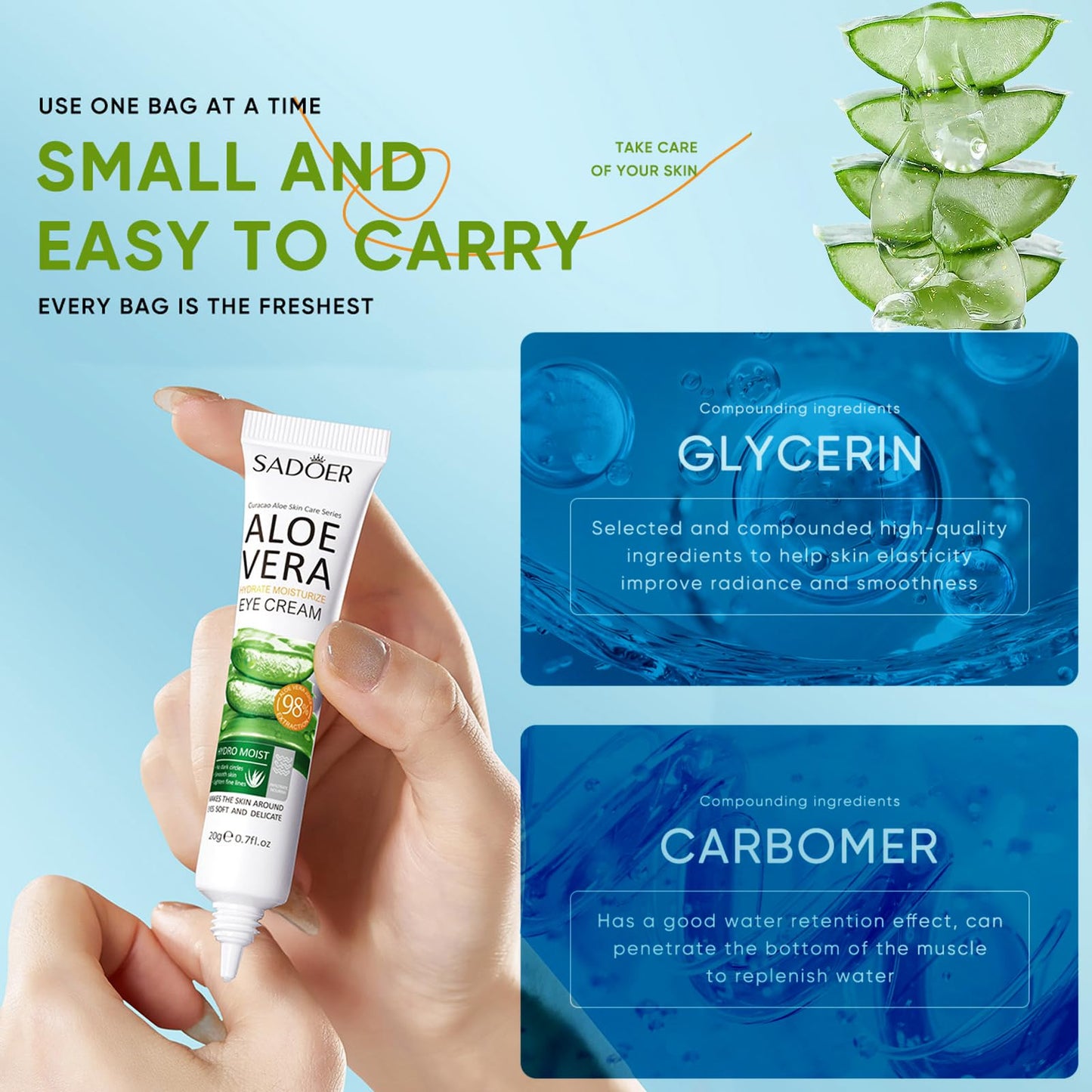 Hydrating Eye Cream, 98 Percent Aloe Vera Moisturiser Under Eye Cream for Dark Circles and Puffy Eyes, Repairing Tightening Reducing of Wrinkle Fine Lines, Makes Skin Around Your Eyes Smooth & Shinny