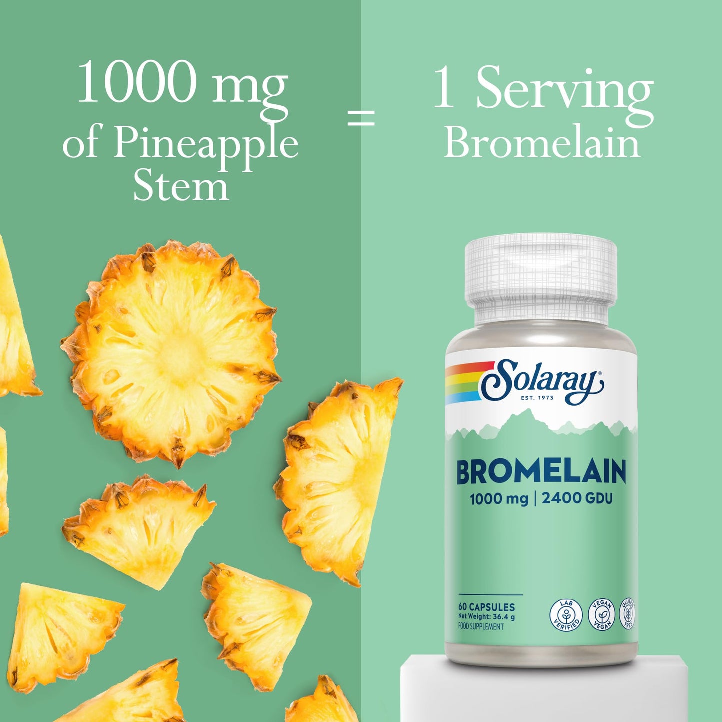 SOLARAY Bromelain Supplement 1000mg 2500 GDU/g - 60 High Strength Vegan Capsules - Enzyme Nutritional Supplements - Naturally Derived Enzyme from Pineapple - Non GMO & Lab Verified - Solaray