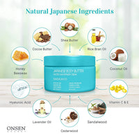 Onsen Secret Japanese Body Butter - Skin Refinery Cream Natural and Organic Moisturizing Clear Skin Exfoliator with All Coconut and Jojoba Oil for Women- 8.6 fl oz/255 ml (Sandalwood)