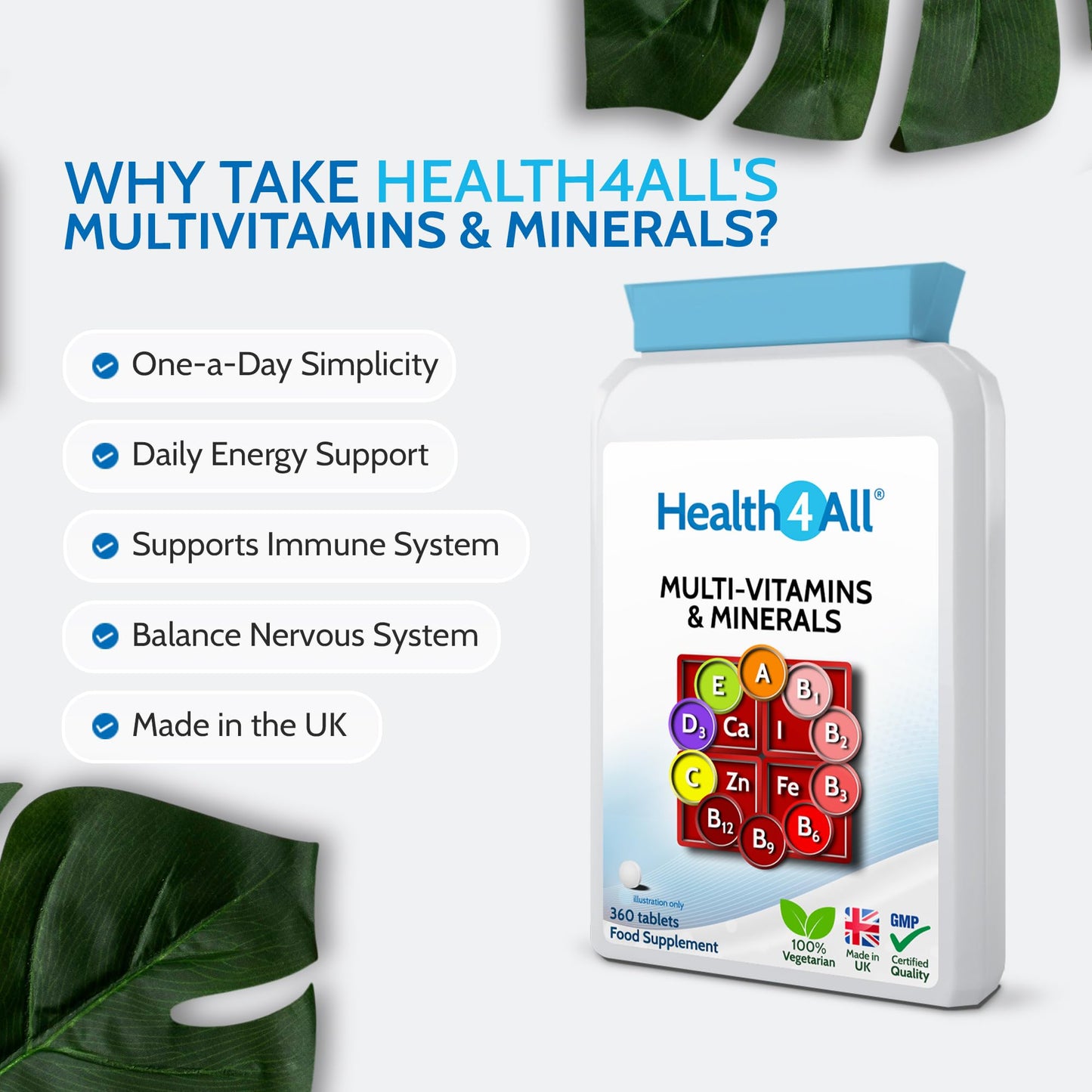 Health4All Multivitamins & Minerals One a Day 360 Easy to Swallow Tablets, 100% RDA
