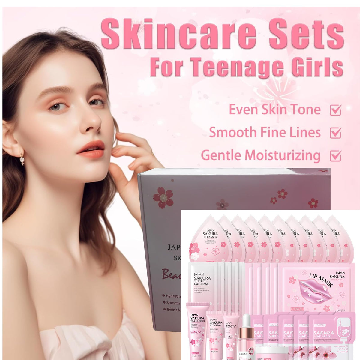 IZBEAUVO Sakura Skincare Set | 30PCS Facial Cleanser Set for Teenage Girls | Pamper Gift Sets with Cream, Serum, Toner, Eye Cream, Lip Mask, Mud Mask, Sleep Mask | Japanese Cherry Blossom Skincare Gift Box