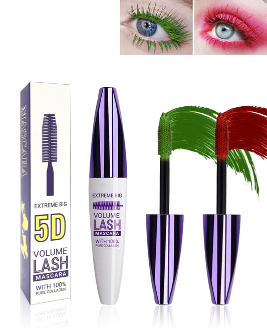 Lestpola Green Red Mascara for Eyelashes-2PCS Waterproof 5D Thick Fiber Lash Mascara, Volume and Length Smudge-proof Tubing Colored Mascara, Long Lasting Curling Colorful Mascara, Cosplay Halloween Eye Makeup