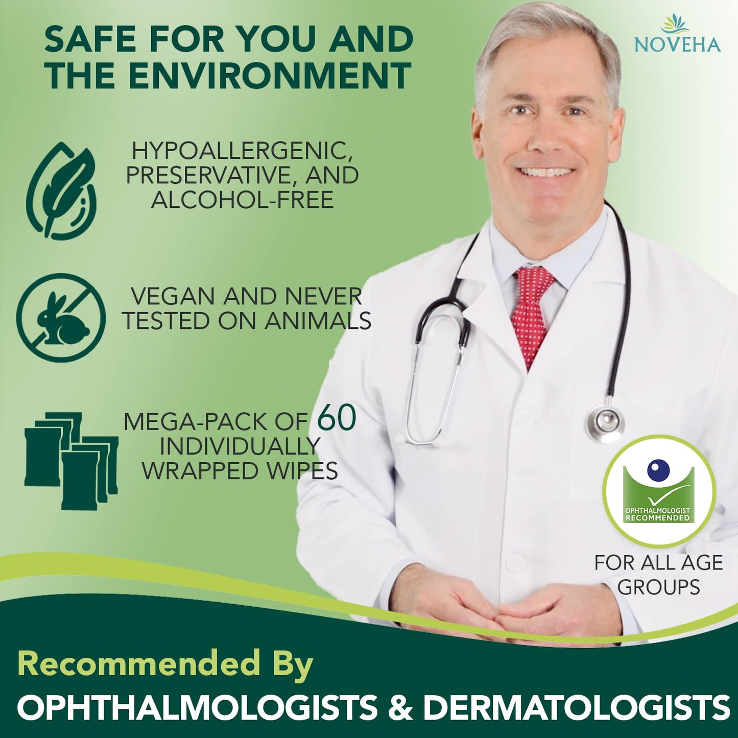 NOVEHA Demodex Eyelid & Lash Wipes | Box Of 60 Individually Wrapped Extra Strength Cleansing Eyelash Wipes - Battle Itchy & Irritated Eyes associated with Demodex Mites, Naturally Remove debris