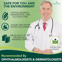 NOVEHA Demodex Eyelid & Lash Wipes | Box Of 60 Individually Wrapped Extra Strength Cleansing Eyelash Wipes - Battle Itchy & Irritated Eyes associated with Demodex Mites, Naturally Remove debris