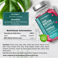 Biotin Gummies for Teens | 60 Count | Natural Strawberry Flavour | 10,000ug of Biotin to Support Hair & Skin Health | High Strength Vegan Supplement | by Horbaach