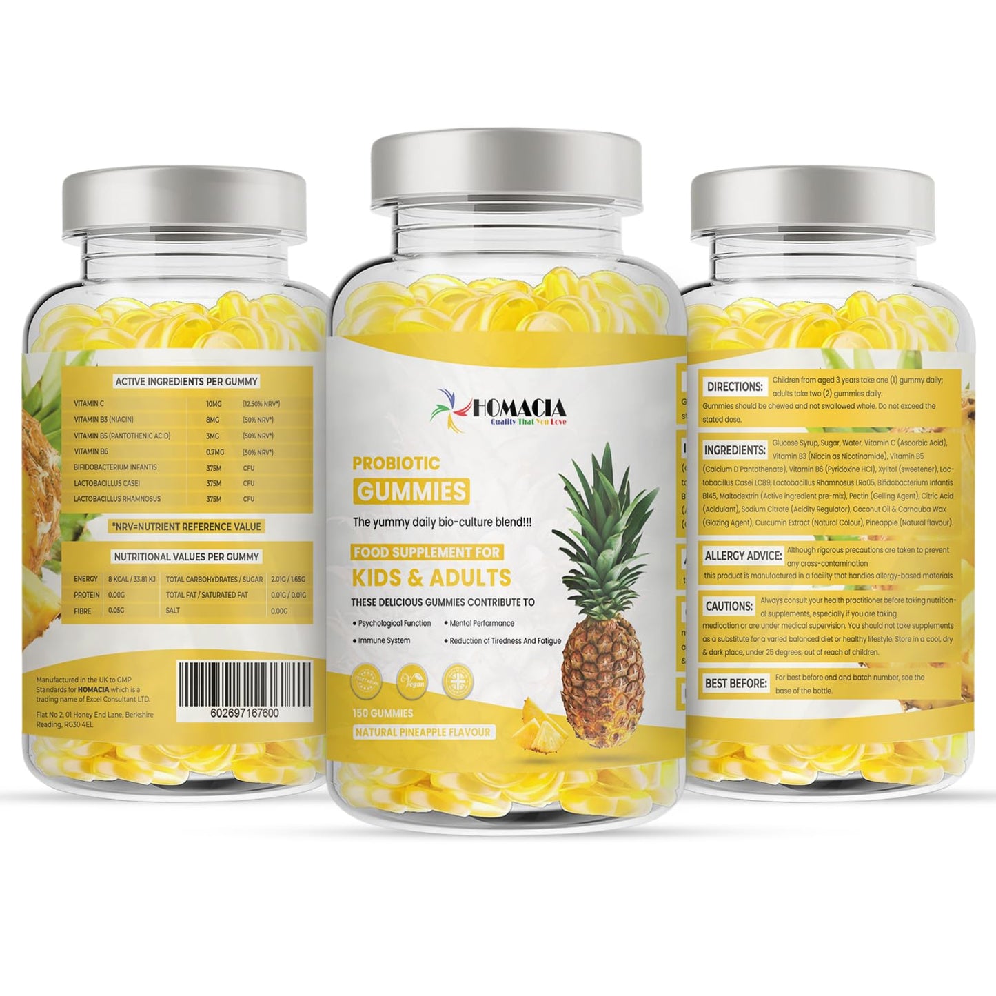 HOMACIA Quality That You love Homacia Kids Probiotic Gummies | 150 Probiotic Gummies for Kids & Adults | Natural Pineapple Flavour with Added Vitamins | Immune Booster for Kids | UK Manufactured Multivitamin Gummies