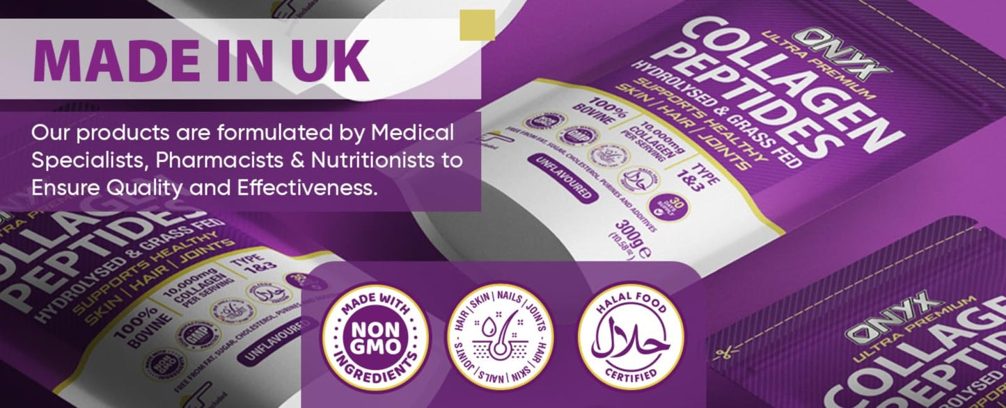 ONYX INGREDIENTS 101 Premium Collagen Powder 300g Hydrolysed Bovine Collagen Peptides Powder - Halal Certified - Healthy Skin, Hair & Joints - Collagen Supplements for Women & Men (30 Days Serving 300g)