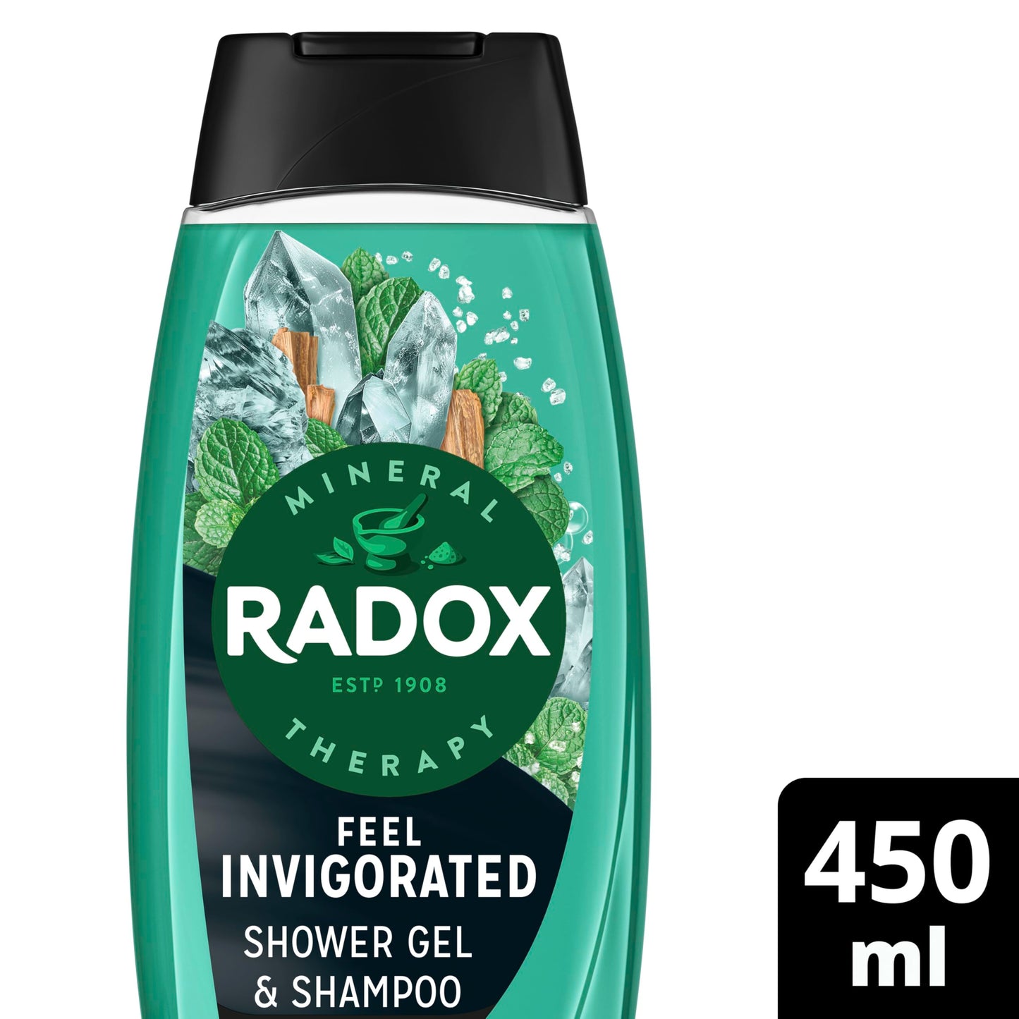 Radox Mineral Therapy Feel Invigorated 2-in-1 Shower Gel & Shampoo Men's Body Wash with sea salt, cedarwood & mint scent for a refreshing experience 450 ml