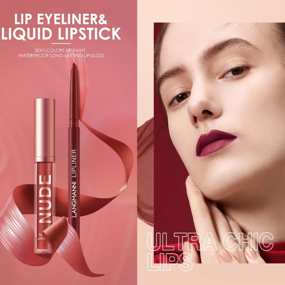 LANGMANNI 4pcs Matte Lipstick with Lipliners Durable Makeup Set,Long-Lasting Non-Stick Cup Not Fade Waterproof Pigmented Velvet Lipgloss Kit Beauty Cosmetics Makeup Gift for Girls(#12811)