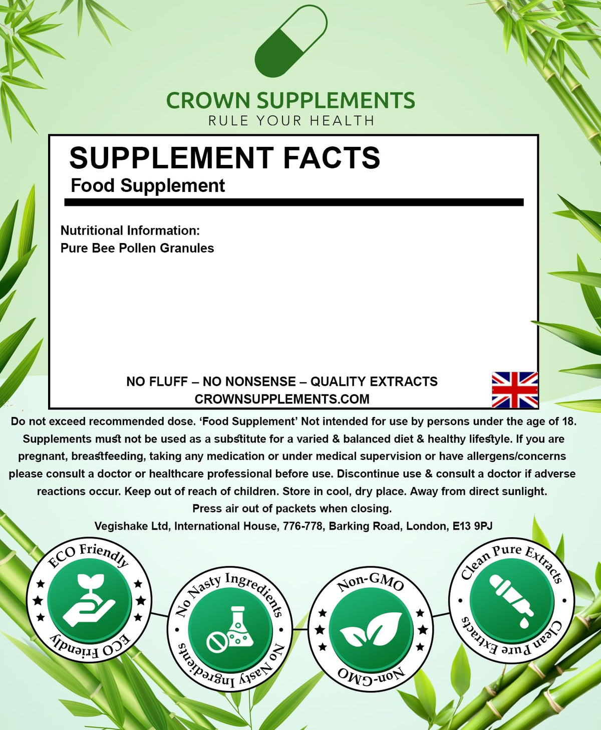 vegishake Pure Bee Pollen Granules Raw |Clean Honey Bee Supplements | Crown Supplements UK (500g)