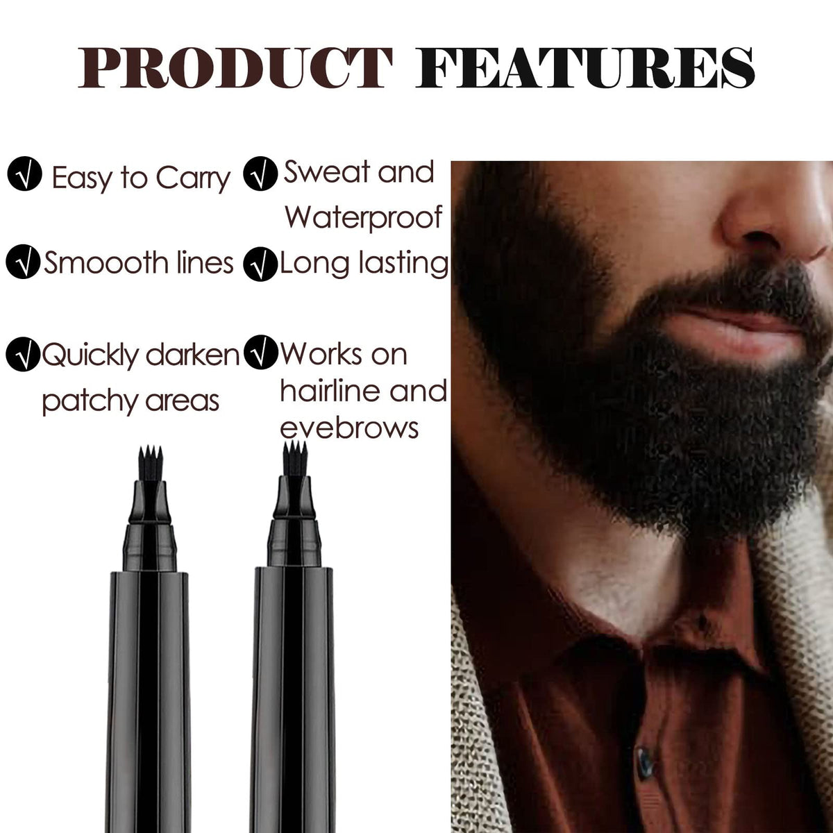 Prreal 2Pcs Black Beard Pen, Natural Beard Filler For men, Waterproof & Sweatproof Beard Pencil, Long-Lasting Beard Filling Pen To Fill, Define & Sharpen Hair, Beard & eyebrow Colour#Black