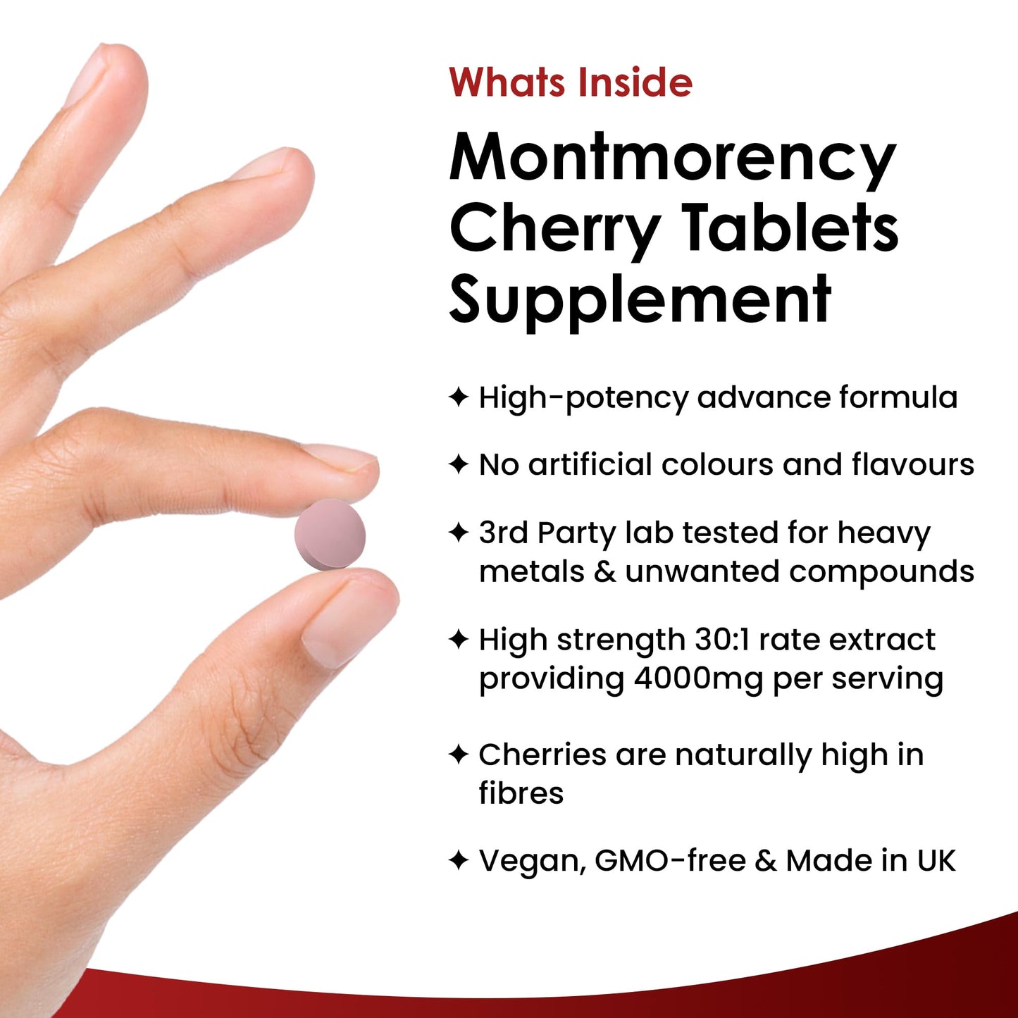 Montmorency Cherry 4000mg - 180 Tablets High Strength Concentrate - Natural Tart Cherry Vegan Supplements (not Capsules or Powder) - Non-GMO, 3 Months Supply - (2 per serving) Made in The UK