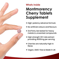 Montmorency Cherry 4000mg - 180 Tablets High Strength Concentrate - Natural Tart Cherry Vegan Supplements (not Capsules or Powder) - Non-GMO, 3 Months Supply - (2 per serving) Made in The UK