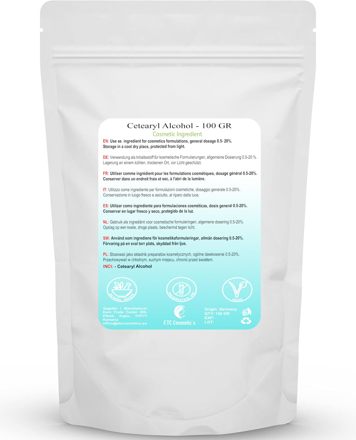 ETC Cosmetic`s Cetearyl alcohol - 100 gr | Use as ingredient in Conditioners, Cream shampoos, skin care, body care, hair conditioning, sun care