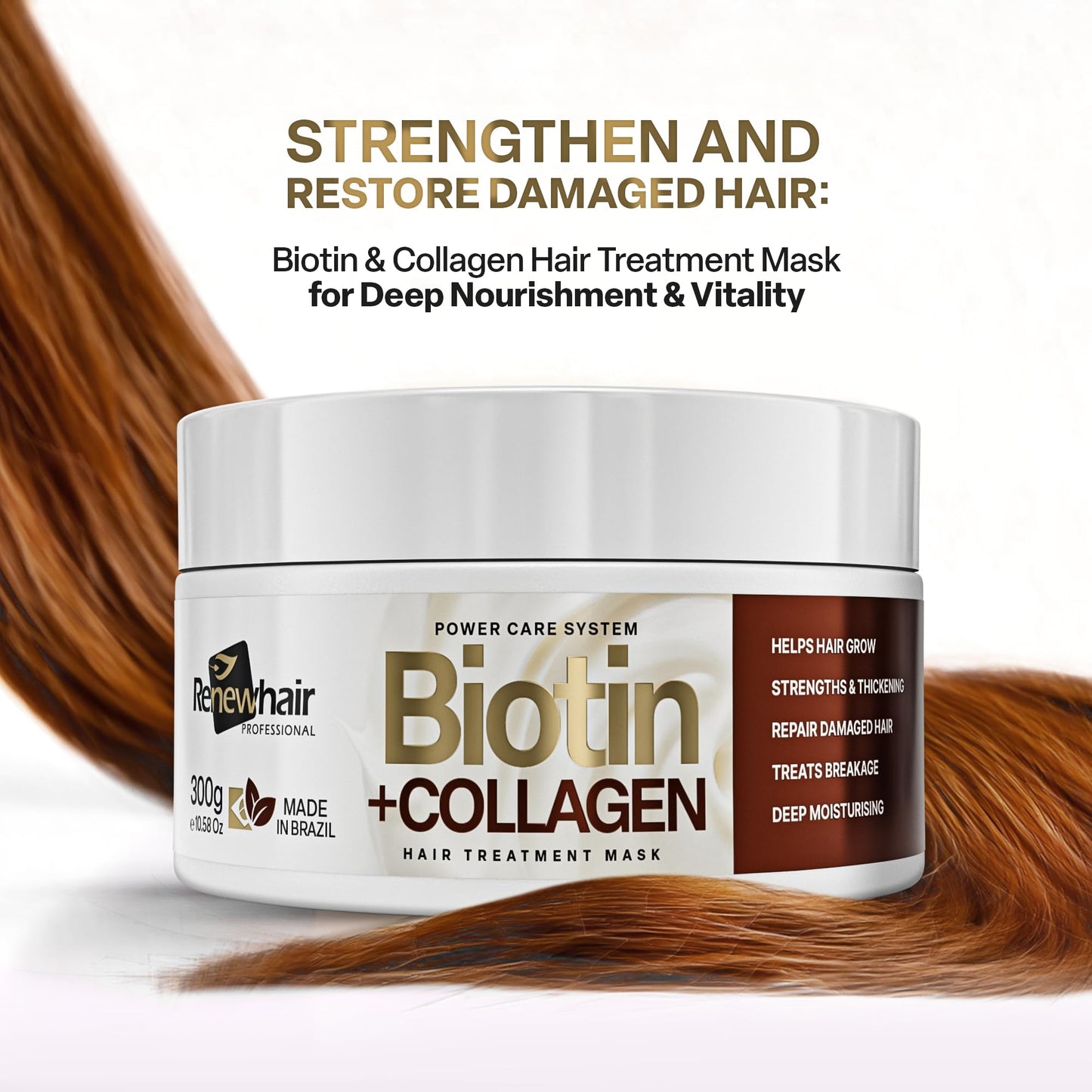 Renew Hair Professional Biotin And Collagen Hair Mask Helps Hair Grow Deep Conditioner for Thick Coarse Hair - Repair Product for Coloured Dry Damaged Curly Wavy,Vegan 300gr