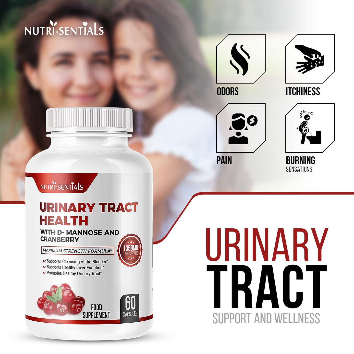 Nutri-Sentials Urinary Health Support D-Mannose Capsules with Cranberry Extra Strength Support 1350mg Function and Bladder Tract Support