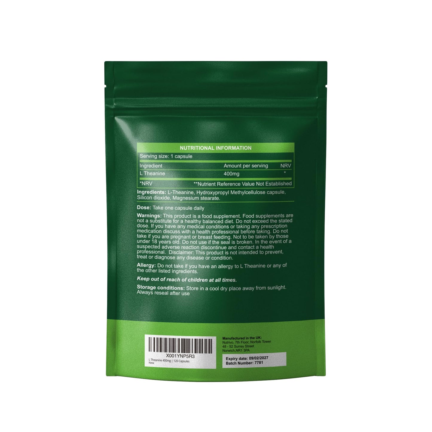 Nutrivo L Theanine 400mg | 120 Vegan Capsules - 4 Months Supply | Good Alternative to L-Theanine Powder, Gummies and Drops | UK Made L'Theanine Supplement