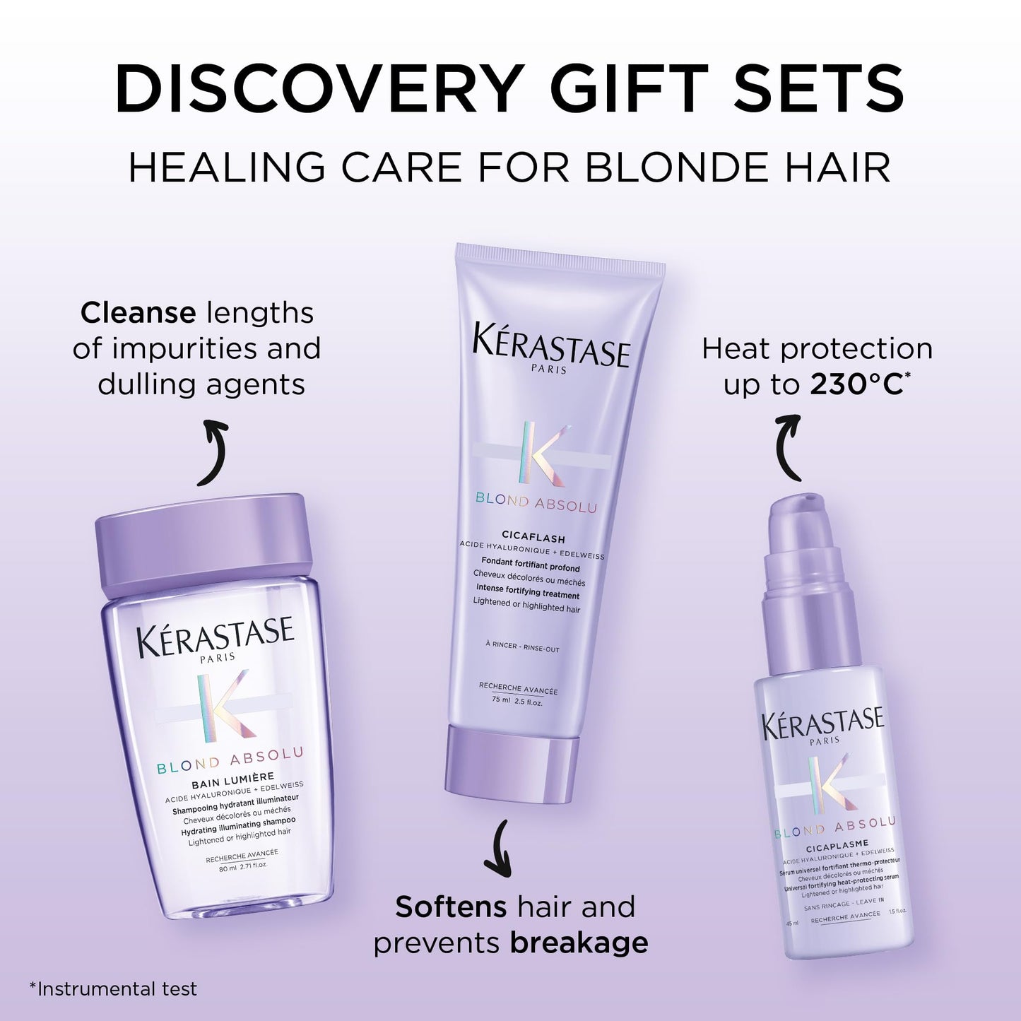Kérastase Blond Absolu Discovery Set, With Illuminating Shampoo, Nourishing Conditioner and Fortifying Heat Protection Serum, With Hyaluronic Acid, For Blonde and Bleached Hair, Travel Size