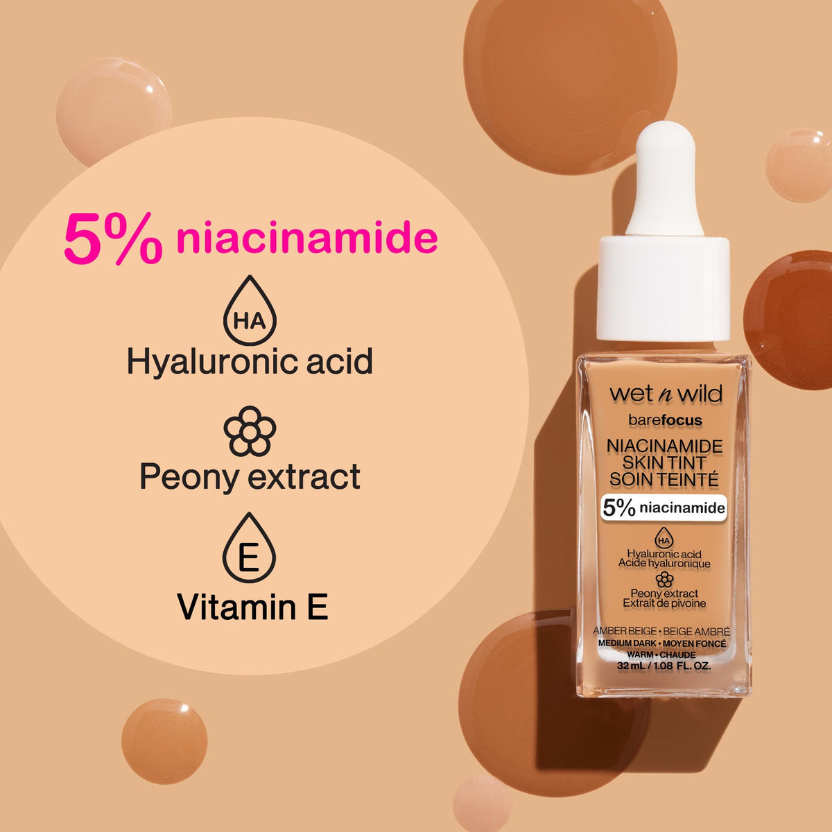 Wet n Wild Bare Focus Niacinamide Skin Tint, Hydrating Tinted Serum with Hyaluronic Acid, Lightweight Sheer-to-Medium Glow, Oil-Free Makeup, Medium Sand