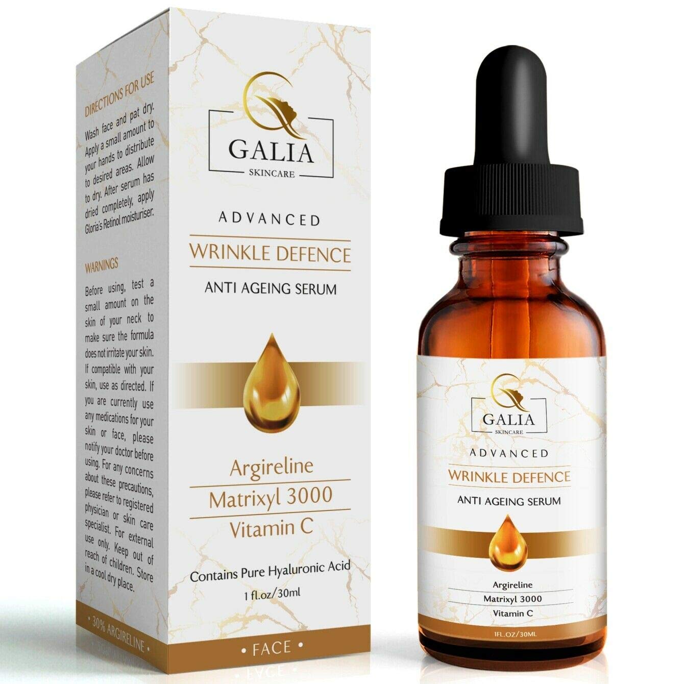 Galia Skincare POWERFUL Anti Aging Face Serum: Matrixyl 3000 + Argireline Peptide + Vitamin C Serum with Organic Hyaluronic Acid, Serum for Wrinkles, Fine Lines, Sun Spots, Most Powerful Triple Combination