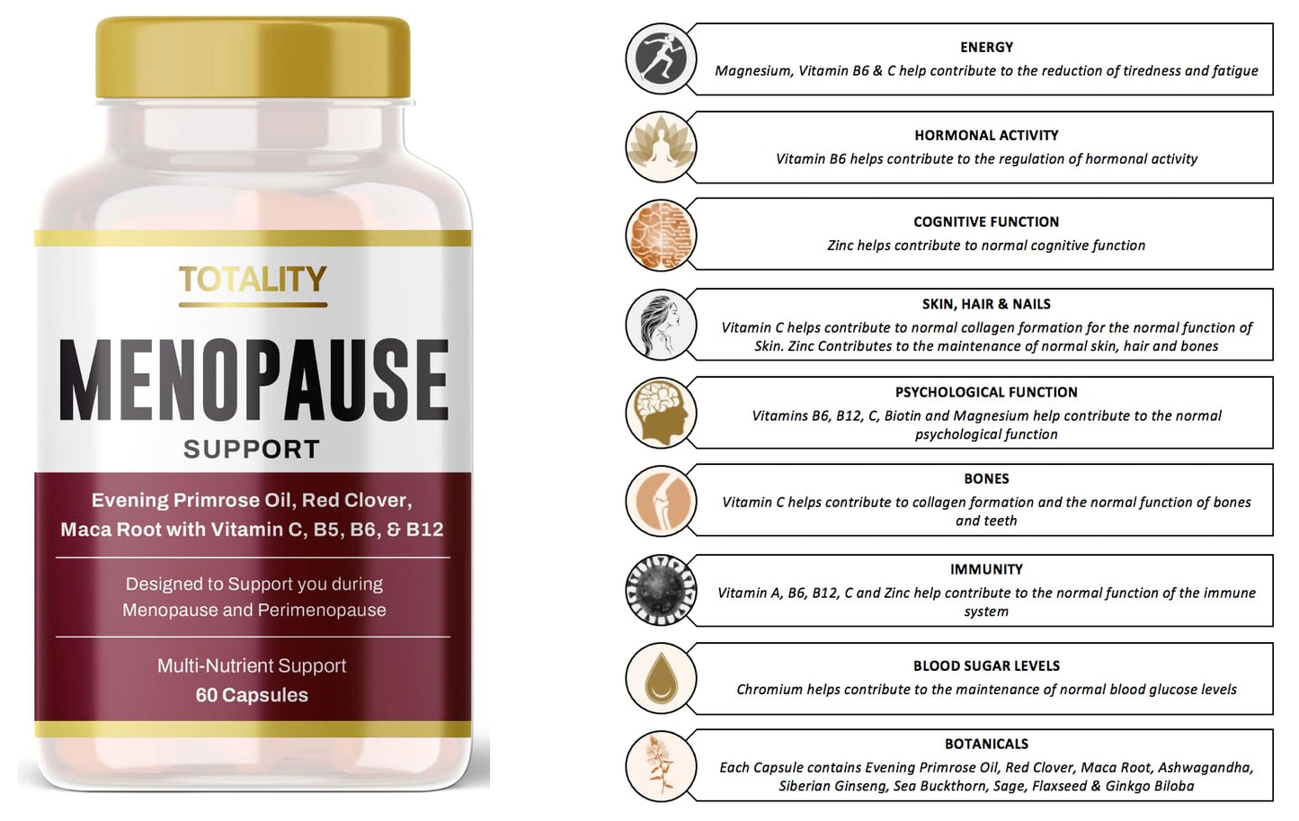 Totality Supplement | 1 Month Supply of 60 Capsules | Totality Menopause Supplement | Support During Perimenopause and Menopause | Multi-Nutrient Support with Evening Primrose & Red Clover | Vegan