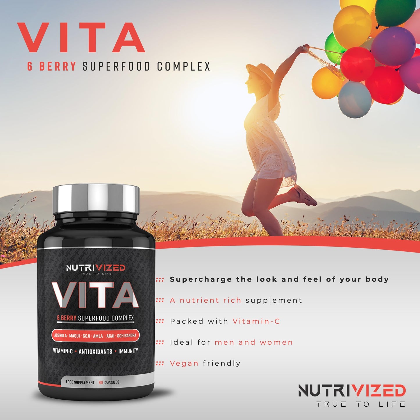 Nutrivized Vita - 6 Berry Complex with Acerola Cherry, Maqui Berry, Acai Berry, Amla Berry, Goji Berry & Schisandra High in Vitamin C and antioxidants