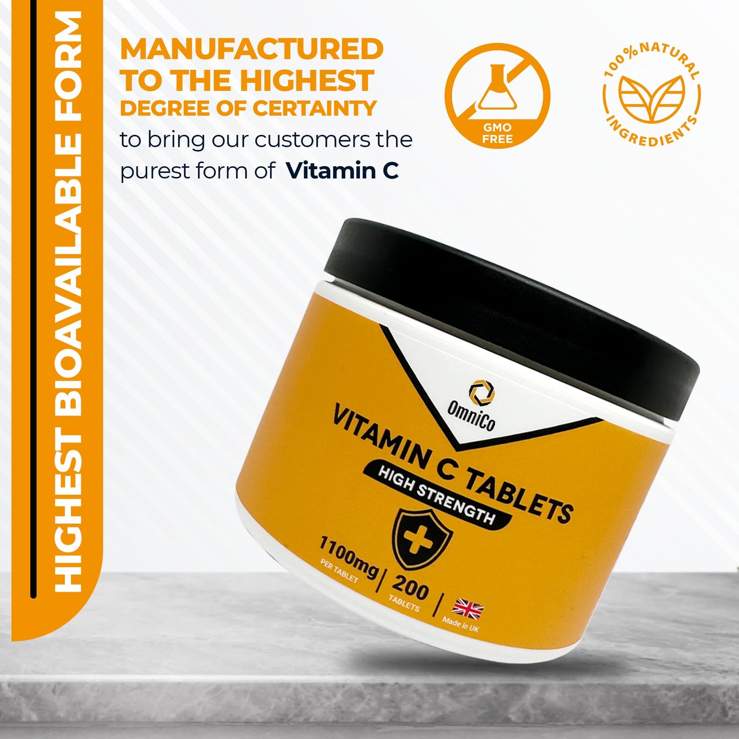 OmniCo Vitamin C Tablets – 1100mg – 200 Vegan Tablets - Vitamin C for Immunity Support, VIT C Supplement for Immune System, Hair, Skin & Nails Vitamins for Women & Men, High Strength Vitamin C