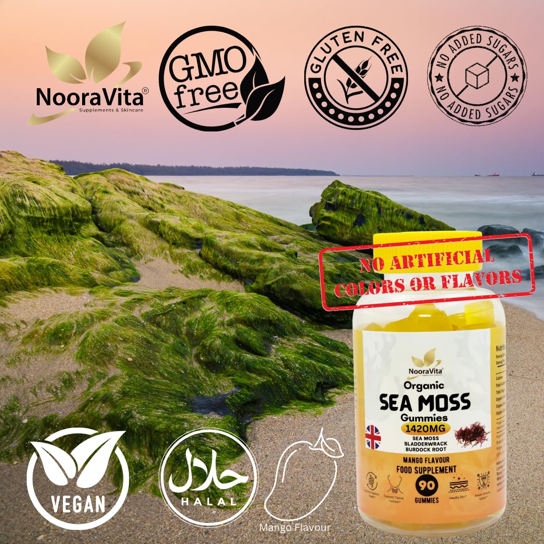 NooraVita Supplements & Skincare NooraVita Organic Sea Moss Gummies, 1420mg with Bladderwrack and Burdock Root, 90 Mango Flavour Gummies