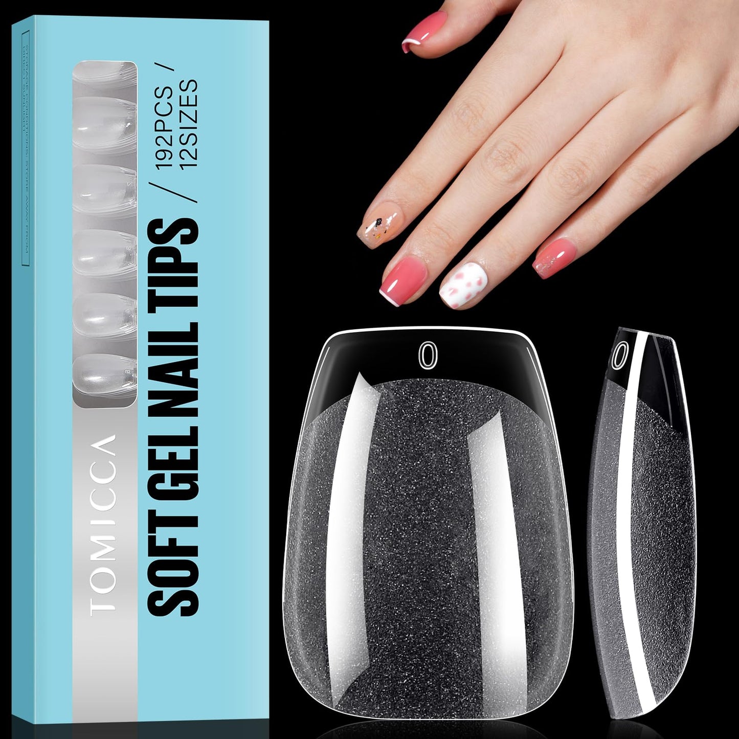 TOMICCA Coffin Shaped Short Nail Tips - 192PCS Half Matte Soft Gel, No File Needed- Full Cover False Nails, Clear Acrylic & Strong Tips for Press On Extension - 12 Sizes