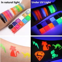 KARLOR UV face paint, 12 neon make-up paint fluorescent body paint black light neon face painting UV face paint body painting glow in UV light UV glow party Halloween oil-based