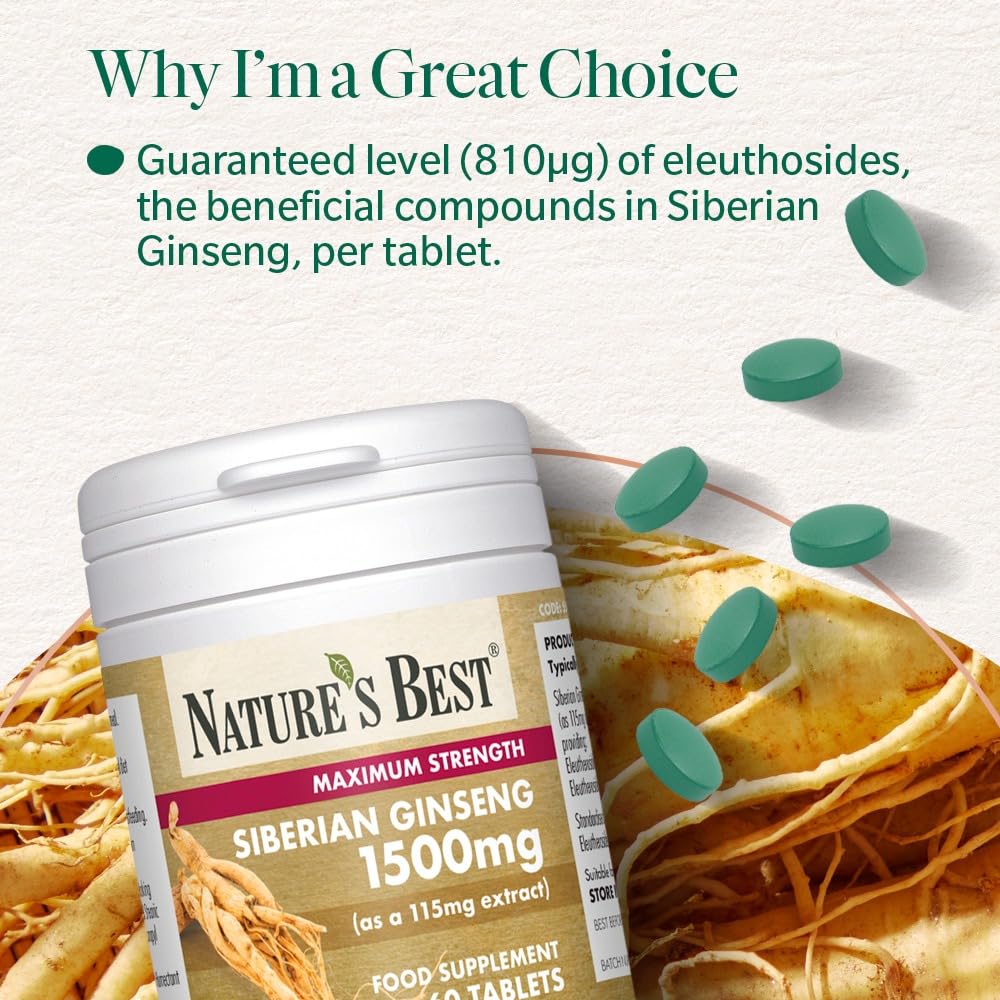 NATURE'S BEST Nature's Best Siberian Ginseng 1500mg - Highly Researched Adaptogen - UK Made - 60 Tablets (2 Months' Supply)