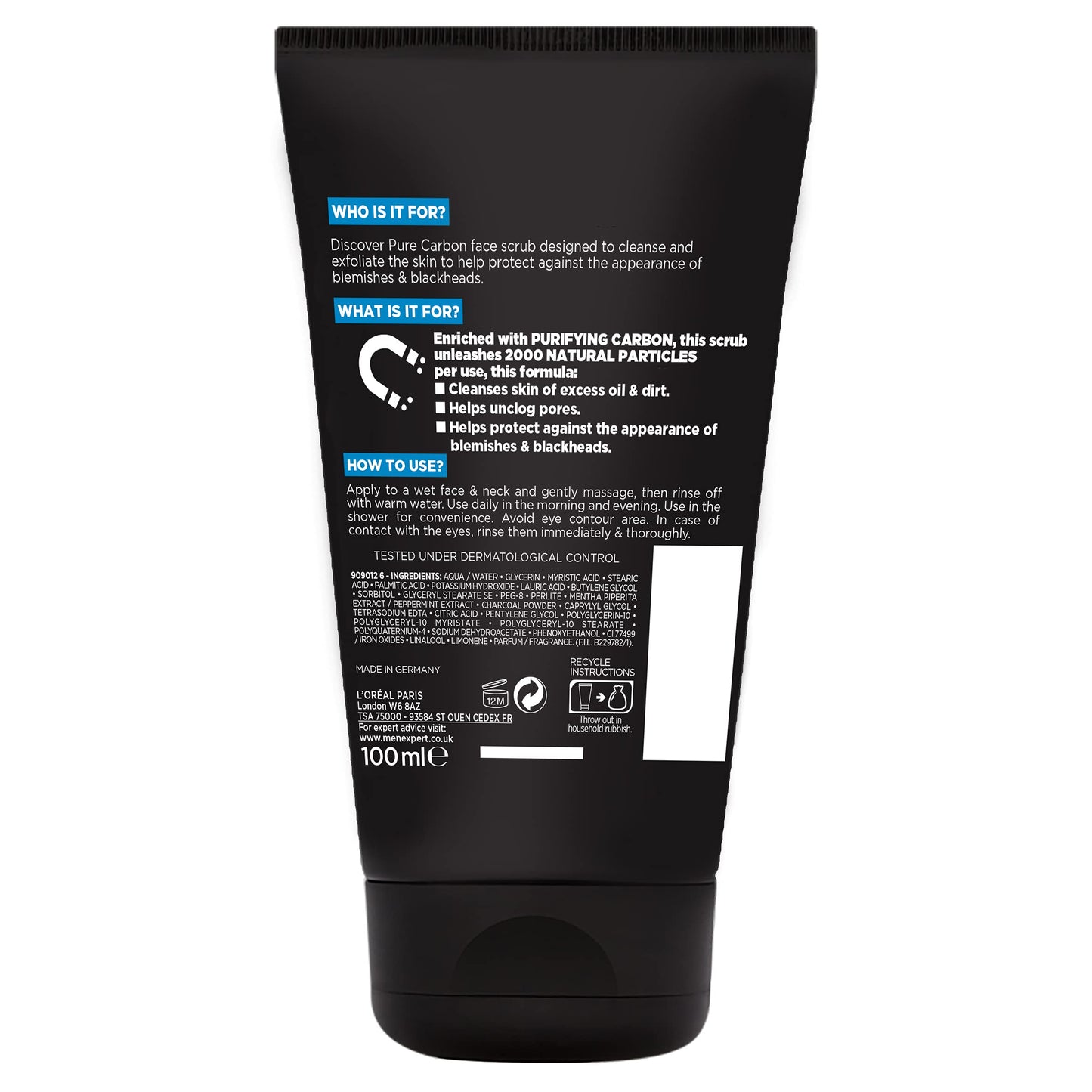 L’Oréal Paris men expert L'Oreal Men Expert Pure Carbon Anti-Blackhead Deep Cleansing Daily Face Scrub, Tackling Blemishes, Blackheads & Clogged Pores, Deep Cleanses & Exfoliates, 100ml