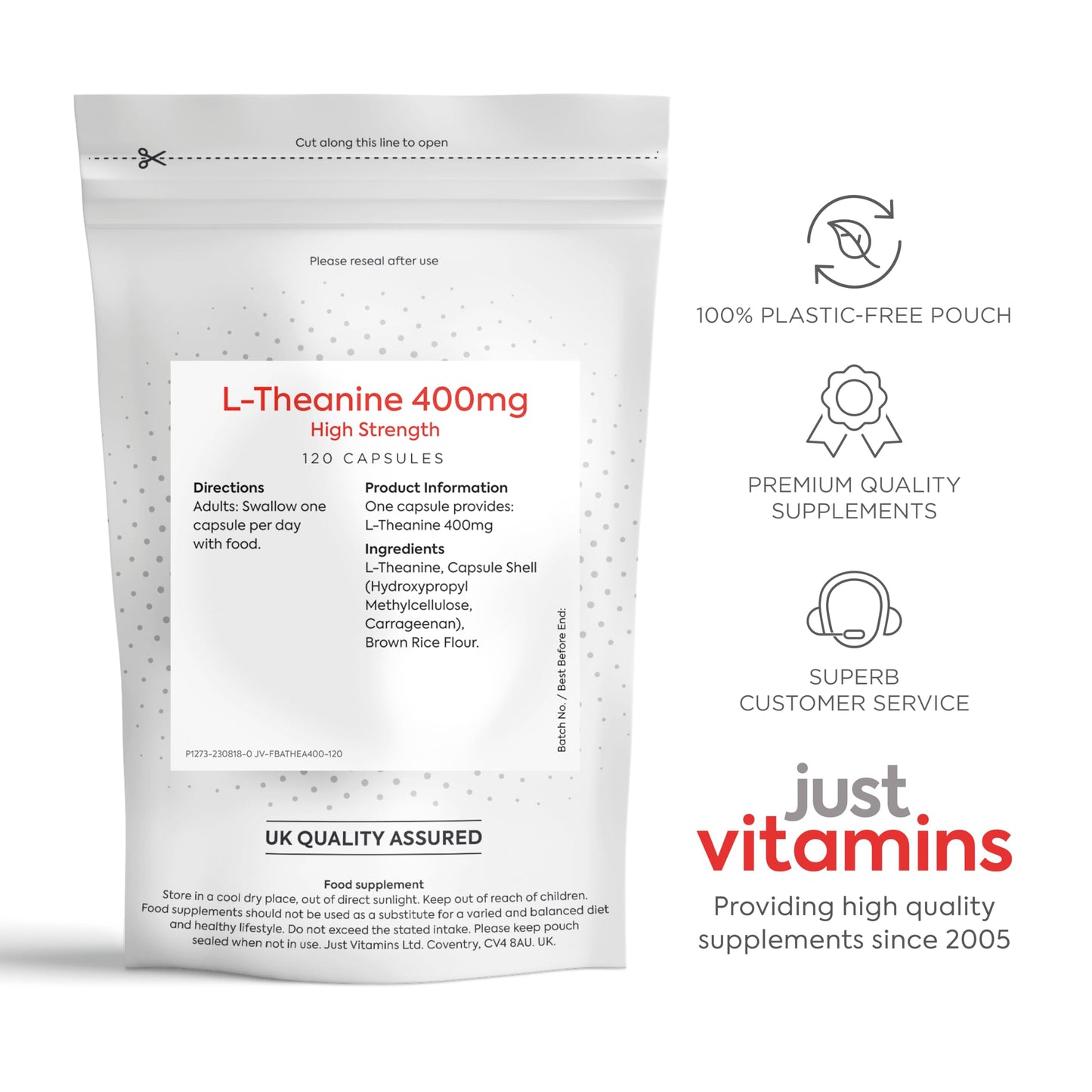 L Theanine High Strength 400mg | 120 Vegan Capsules | Supports Relaxation, Focus & Stress Relief | Fast Absorption | UK Made - Just Vitamins